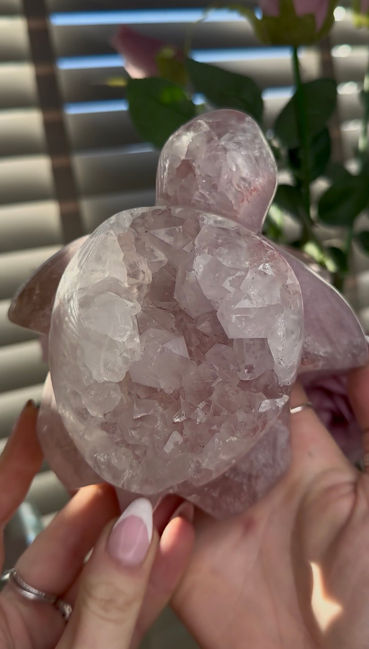 High grade, pink amethyst with chunky quartz sea turtle carving