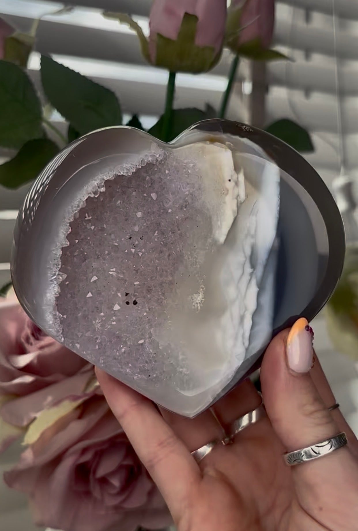 Beautiful, high quality, blue agate heart  with amethyst druzy - stand included