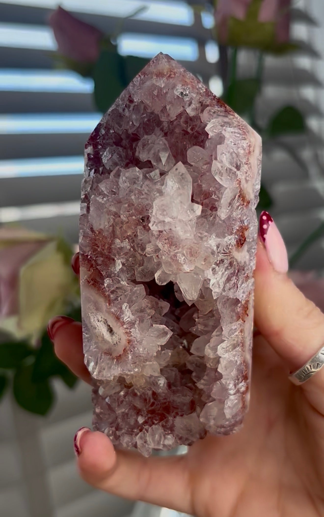 Pink amethyst tower with jasper and quartz