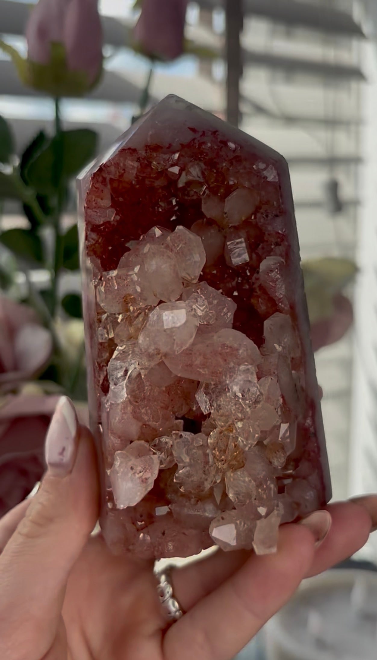 Beautiful, high quality, Pink amethyst tower in burnt orange/red tones with chewing gum druzy