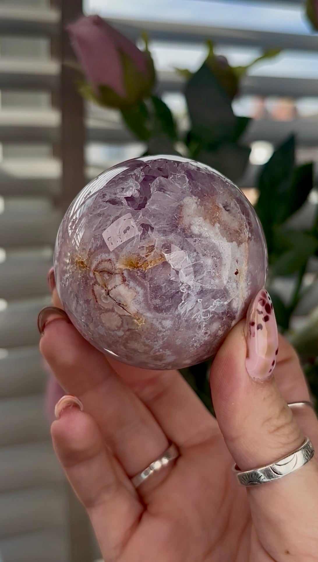 High grade, Pink amethyst Flower agate sphere with druzy quartz- 5.5cm