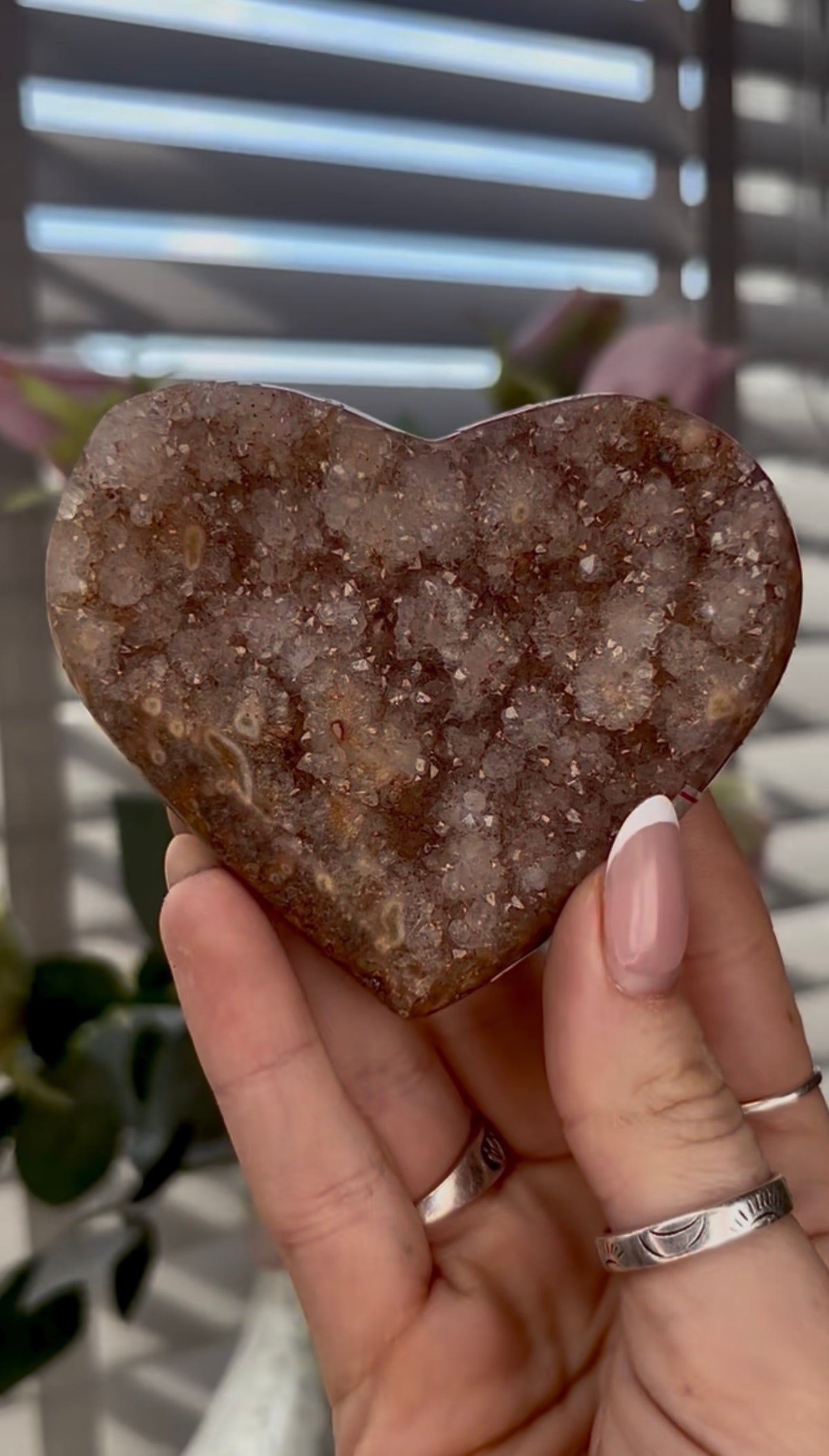Uruguay, rainbow amethyst heart - comes with stand