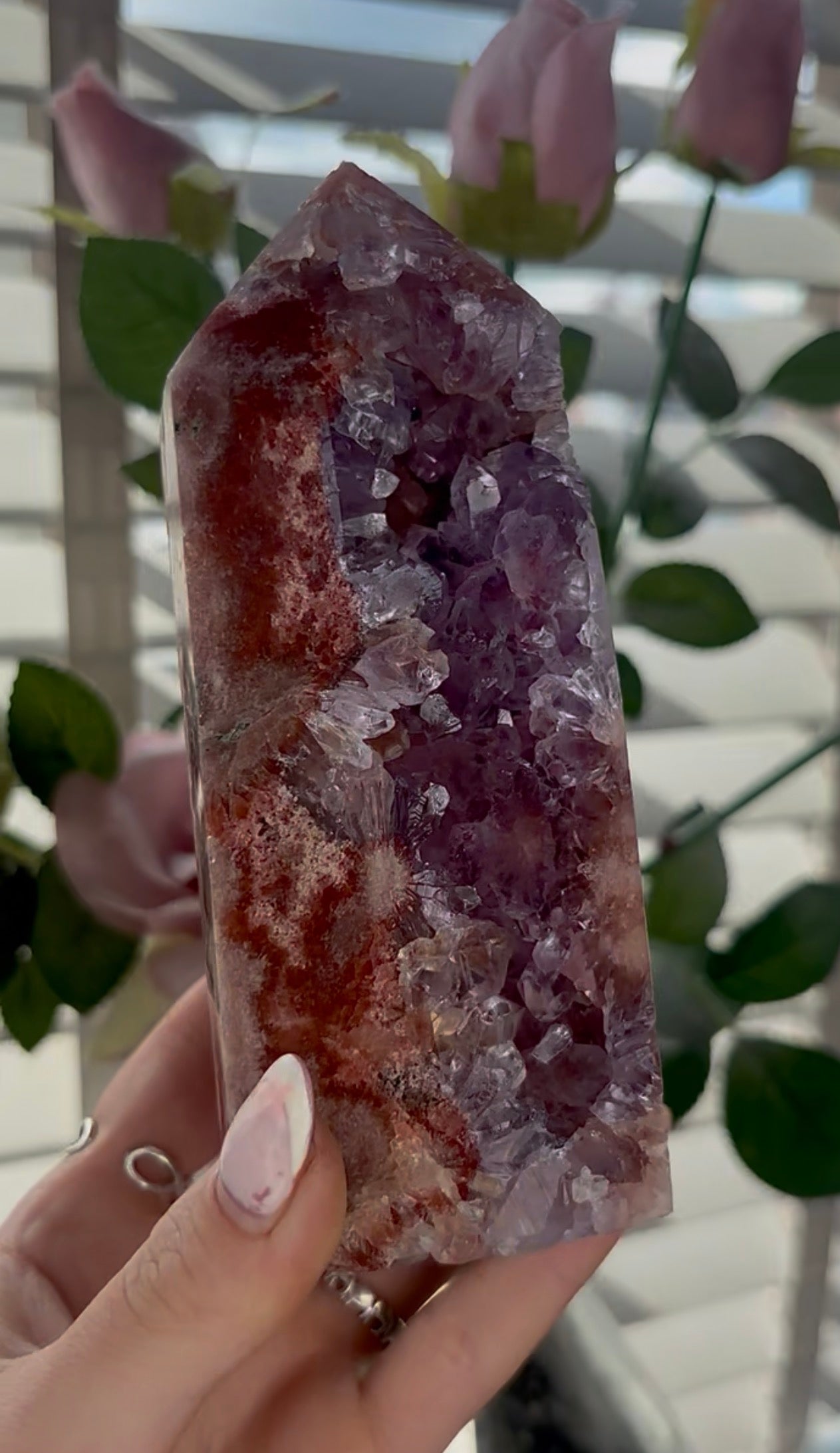 Beautiful, high quality, Pink amethyst tower with purple quartz