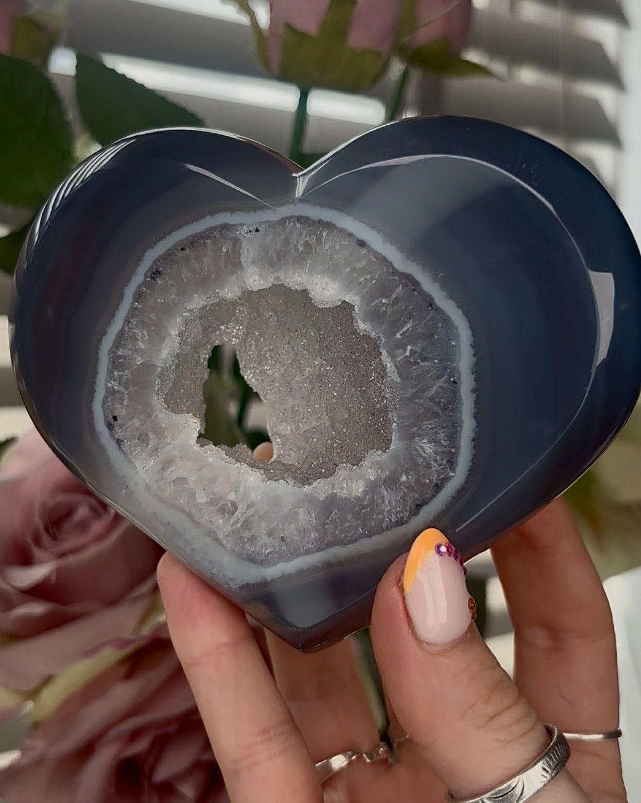 Beautiful, high quality, blue agate heart with druzy - stand included