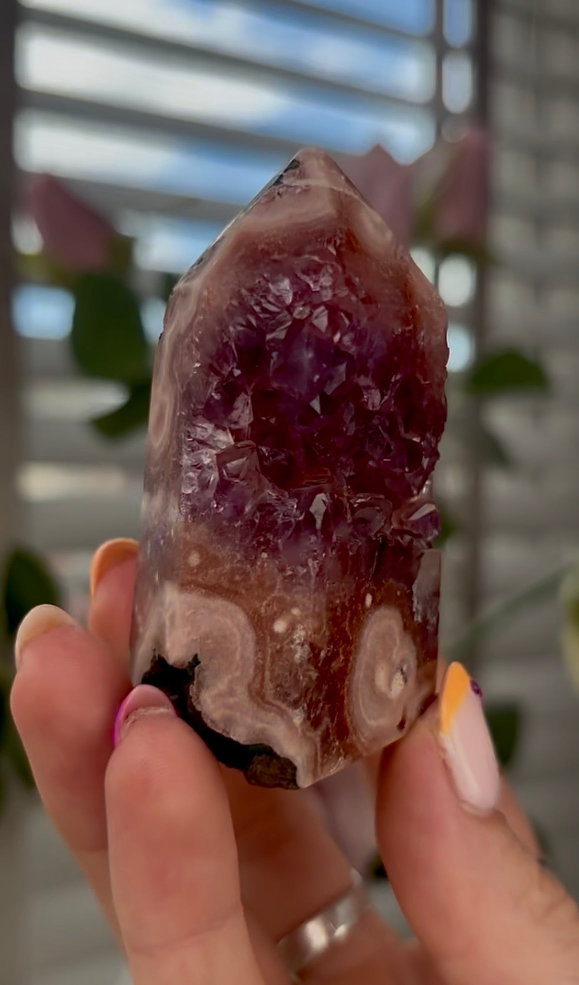 Beautiful, high quality, Pink amethyst tower with purple druzy & green jasper 6.8cm by 4cm