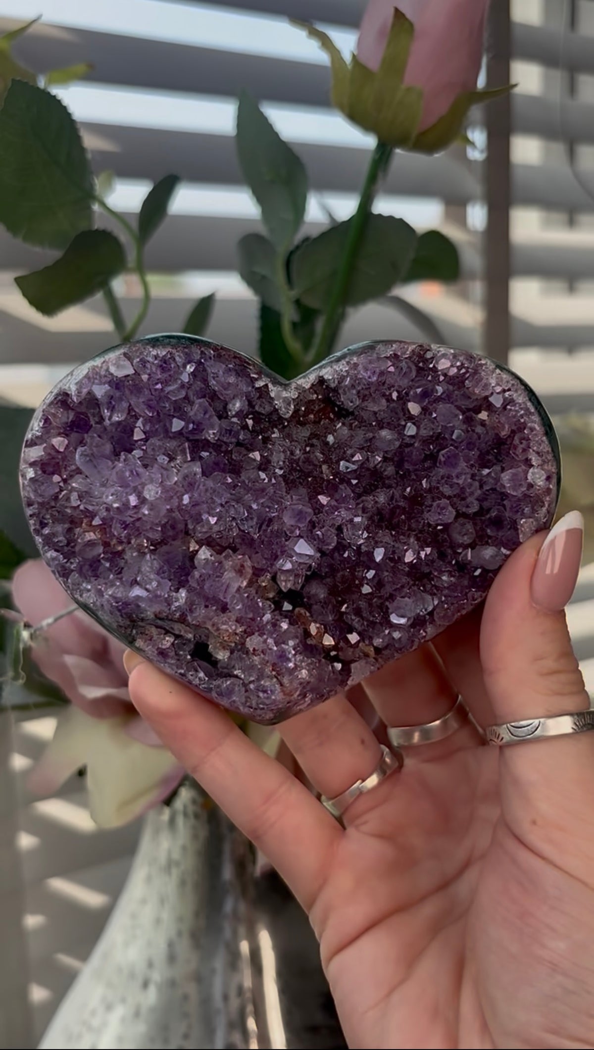 Gorgeous, high quality, pink amethyst heart with Jasper - comes with stand