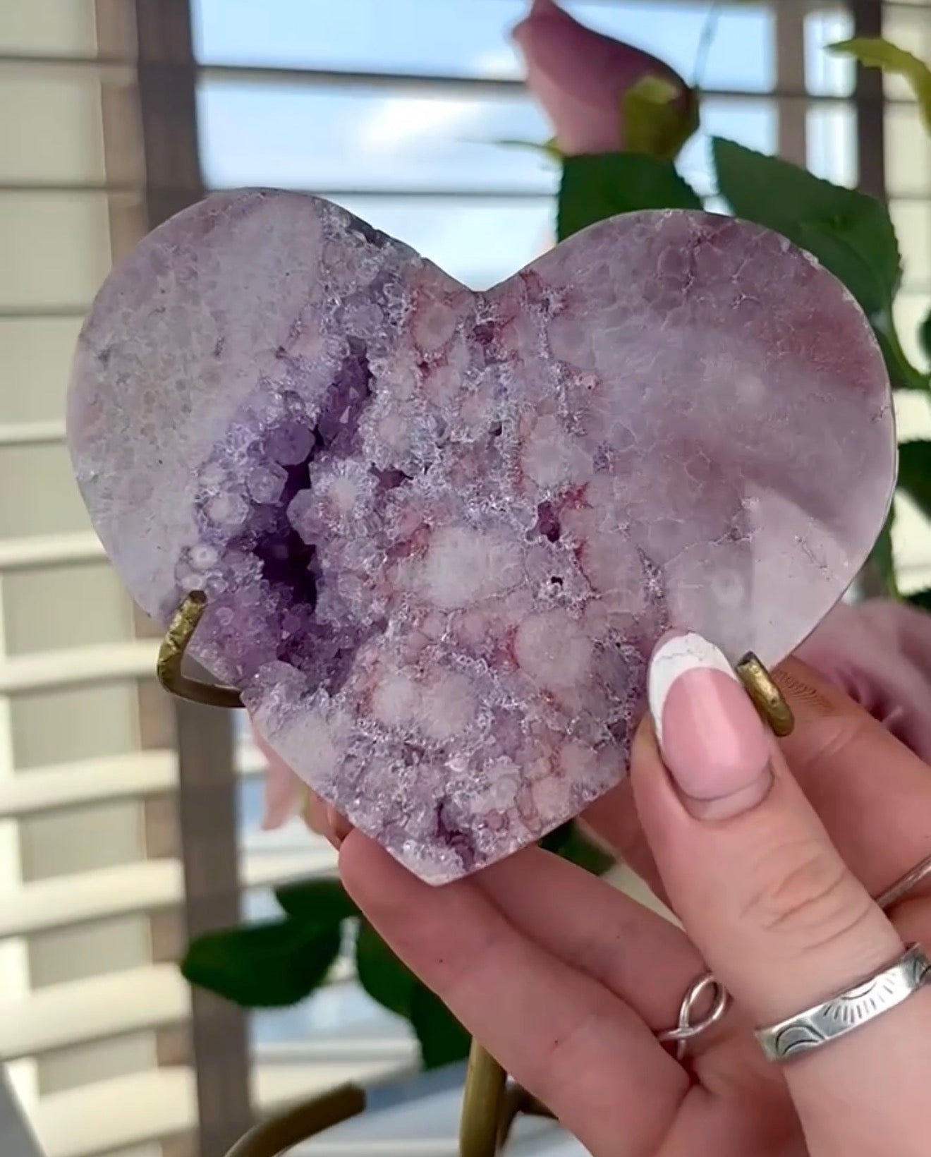High quality pink amethyst heart with quartz - comes with stand