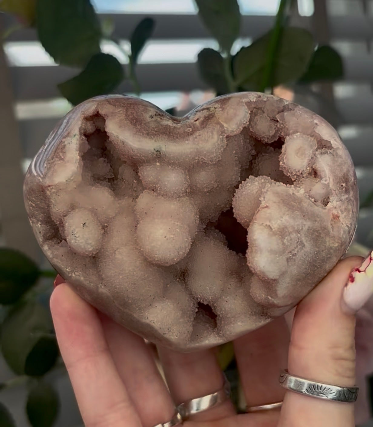 Chunky pink amethyst heart with bubble formations - comes with stand (9.6cm)