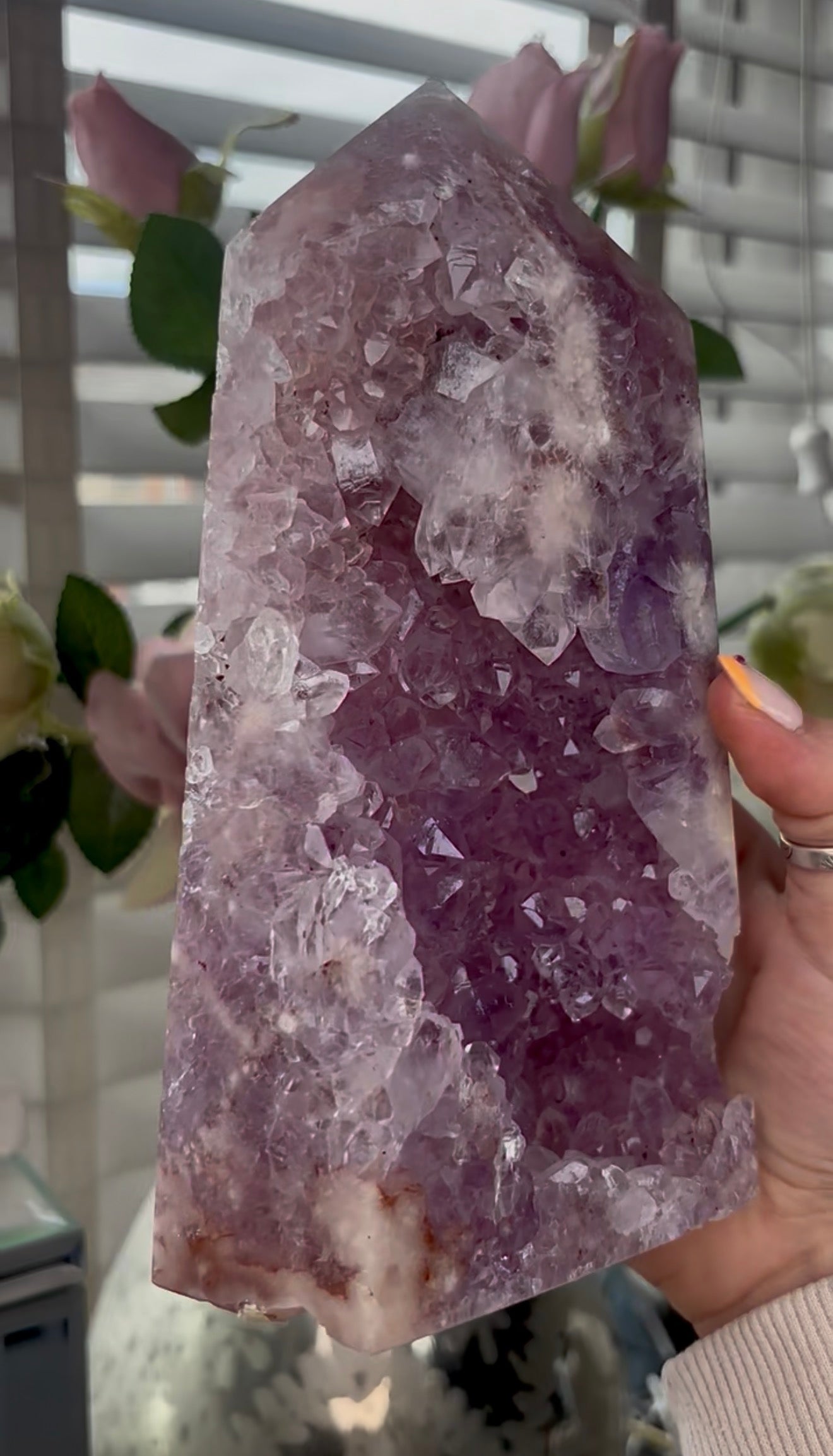 Beautiful, large, high quality, Pink amethyst tower with lilac tone quartz 20.5cm by 11cm