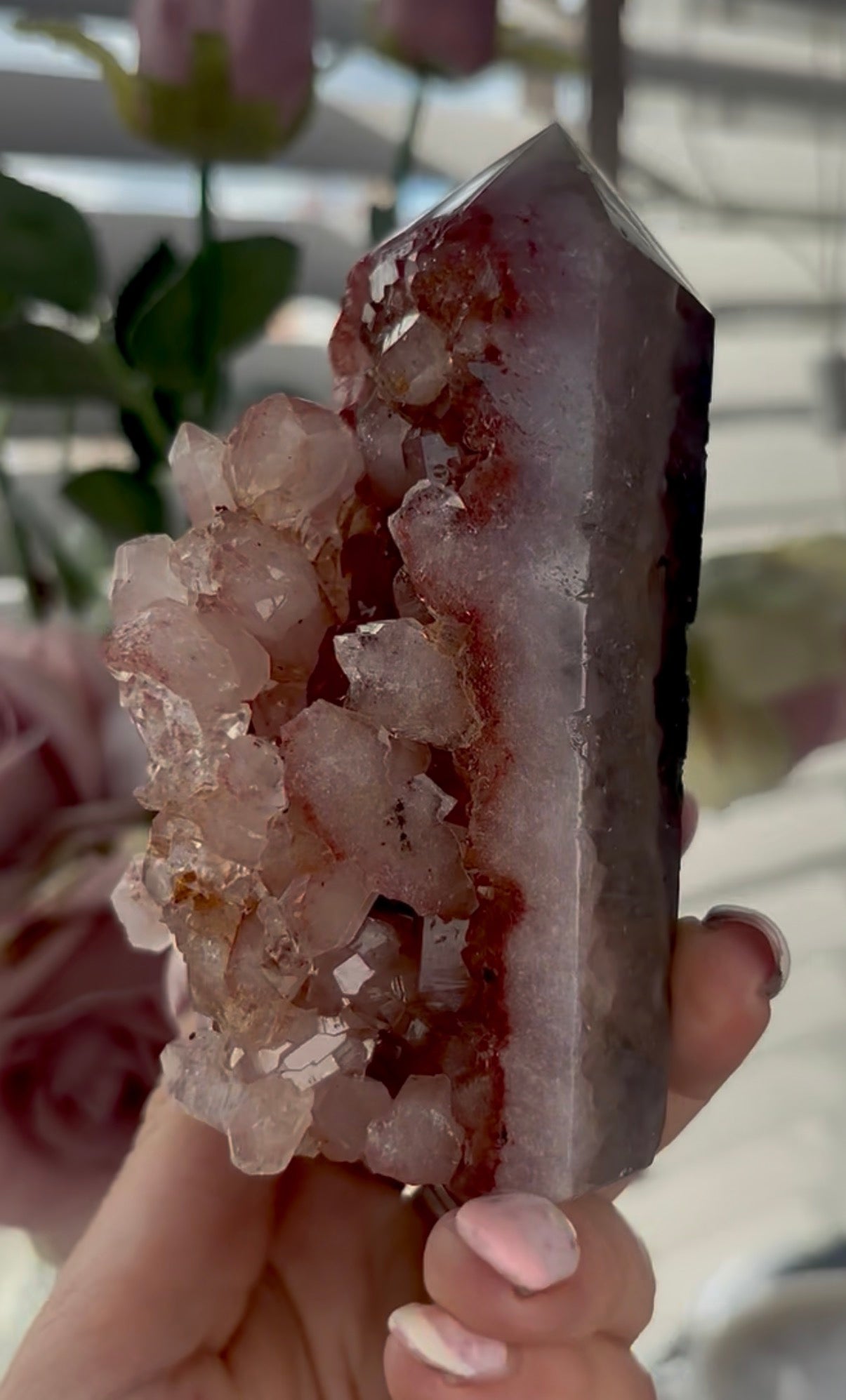 Beautiful, high quality, Pink amethyst tower in burnt orange/red tones with chewing gum druzy