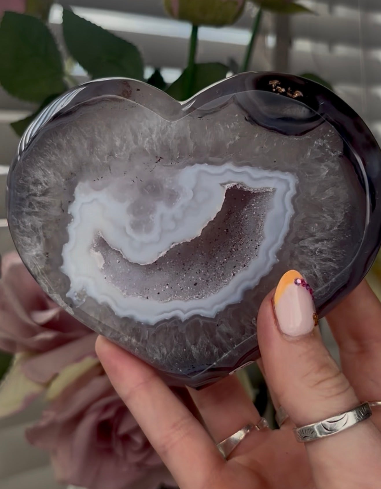 Beautiful, high quality, blue agate heart with druzy - stand included
