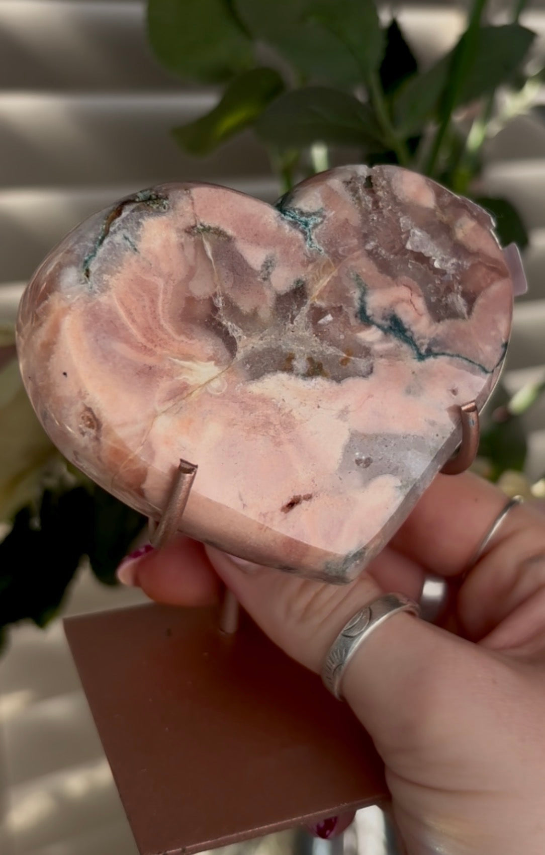 Gorgeous pink amethyst & jasper heart in peach tones  - comes with stand
