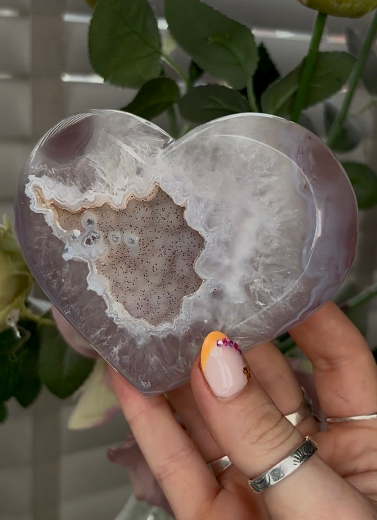 Beautiful, high grade, agate heart with druzy - comes with stand