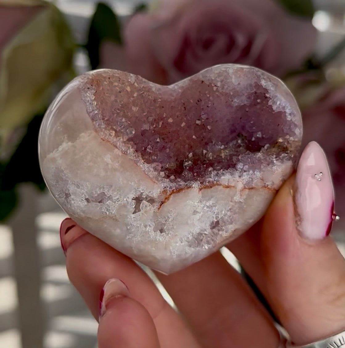 Hq mini pink amethyst heart with druzy - comes with stand