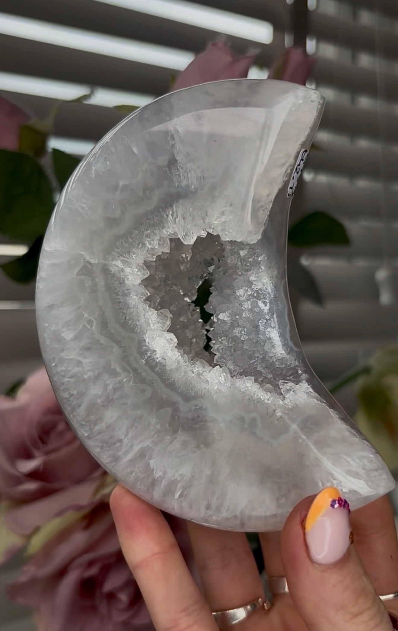 Beautiful, high grade, agate moon with druzy - comes with stand
