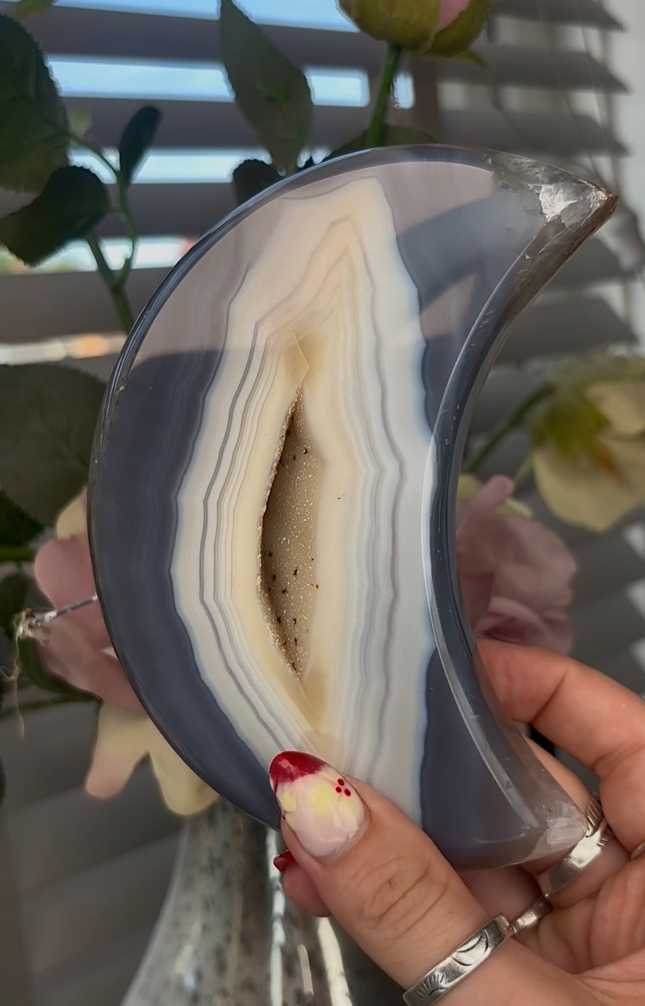 Beautiful, high quality, blue and lemon agate moon with druzy - stand included