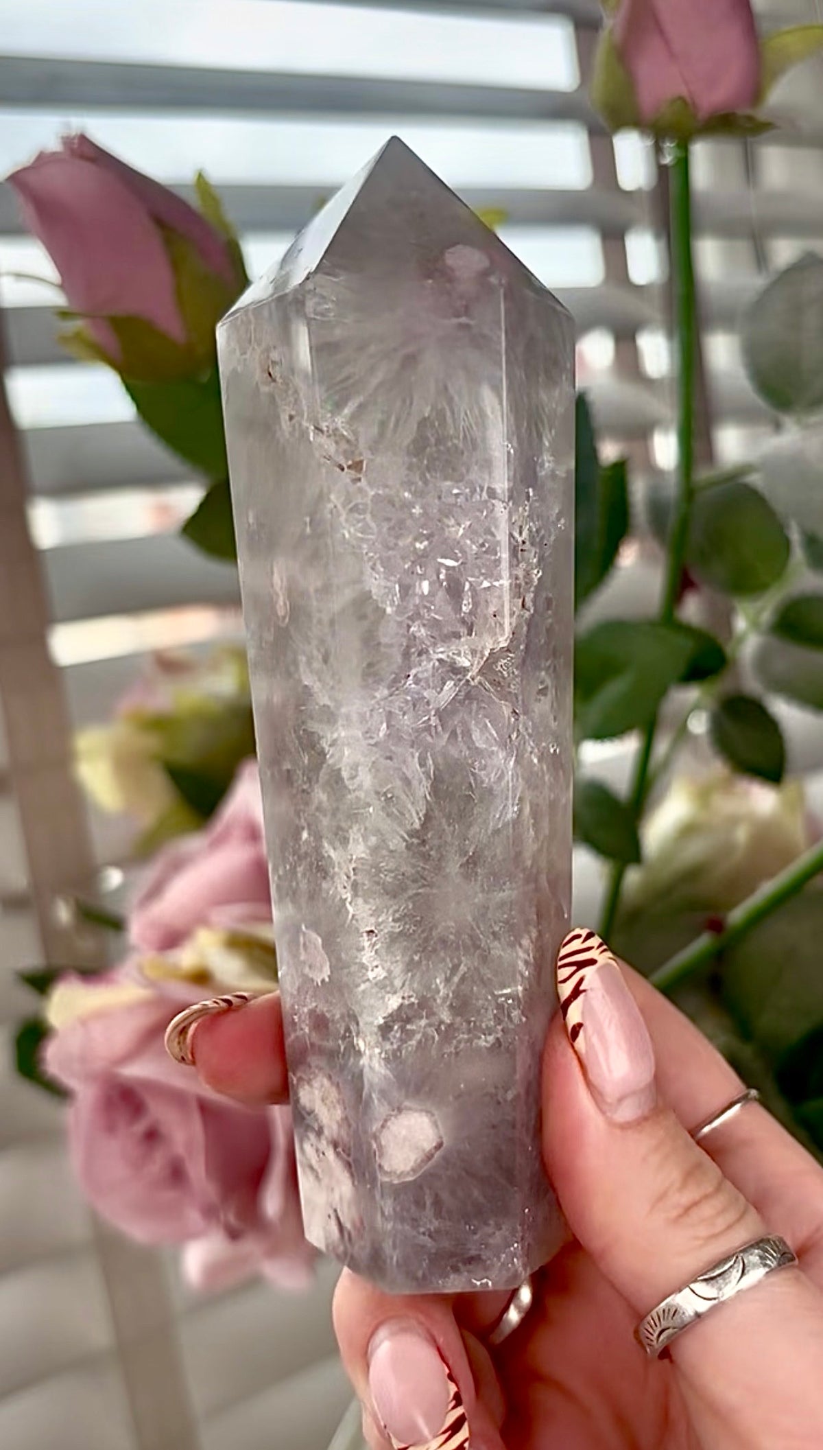 Stunning!! Super high quality, Druzy, green chlorite x blue flower agate tower