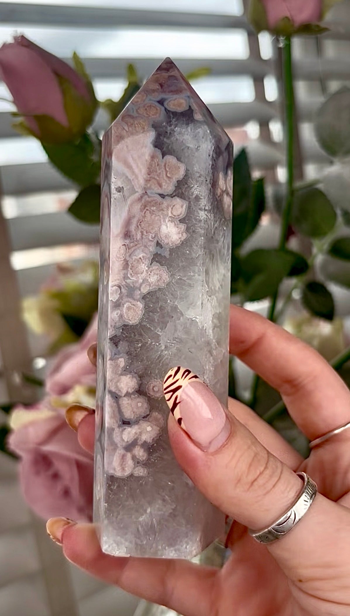 Stunning!! Super high quality, Druzy, green chlorite x blue flower agate tower