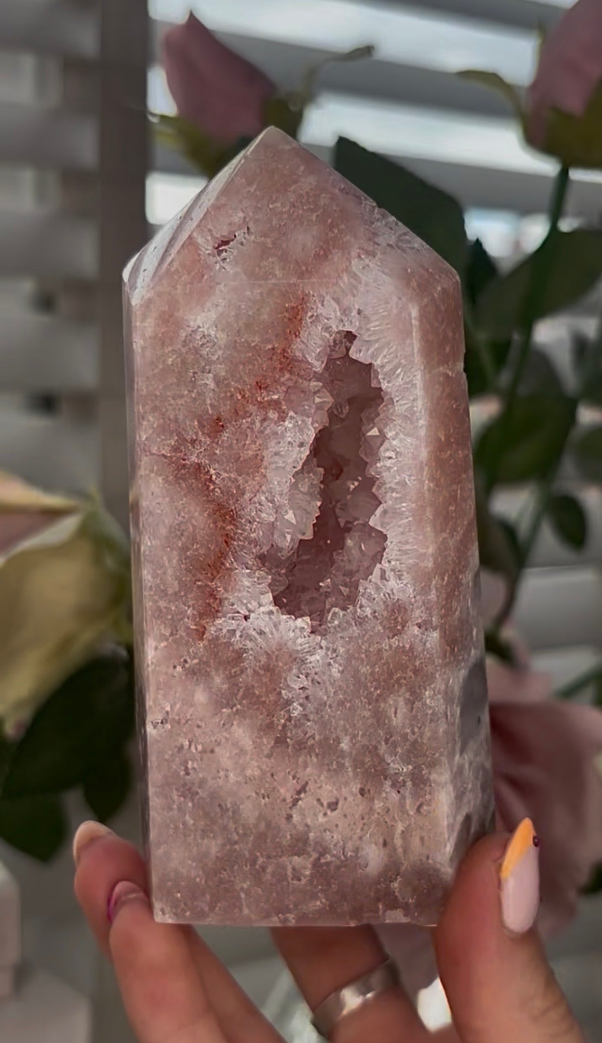 Pretty, Pink amethyst tower, with quartz druzy
