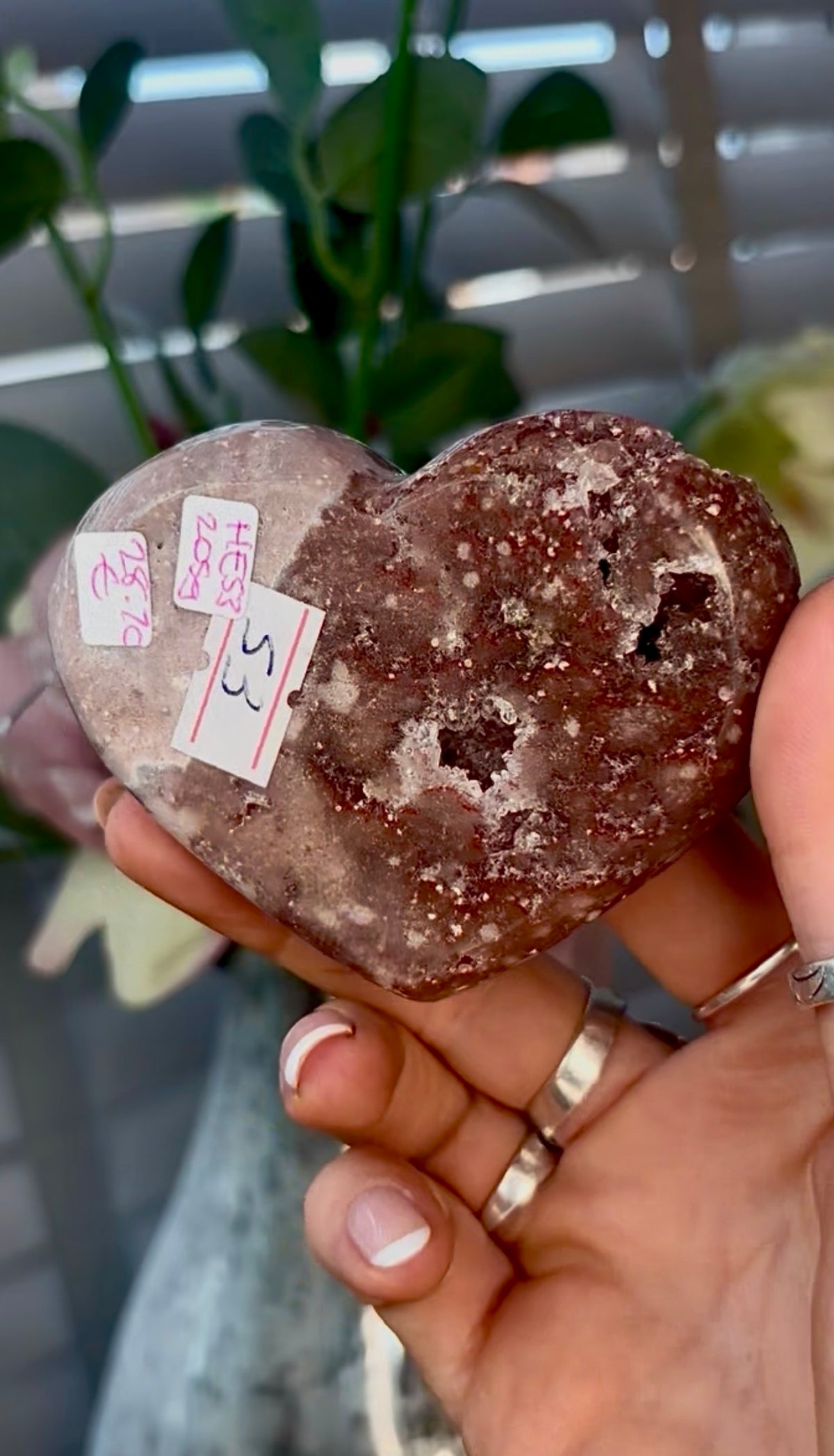 Gorgeous, pink amethyst heart - comes with stand
