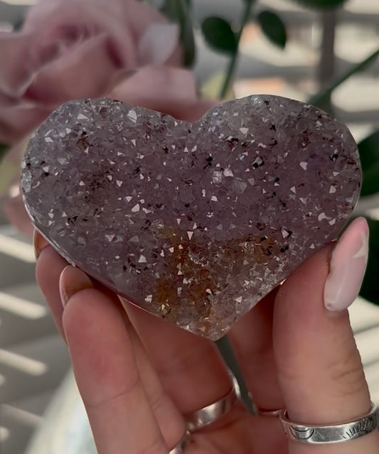 Uruguay, rainbow amethyst, heart - comes with stand in lilac tones