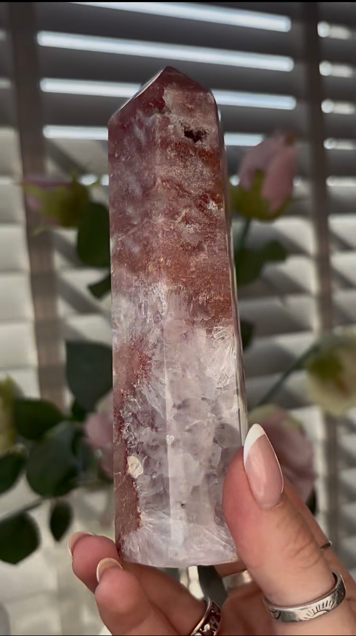 Beautiful, high quality, Pink amethyst tower 15.2cm(h) by 4cm(w)