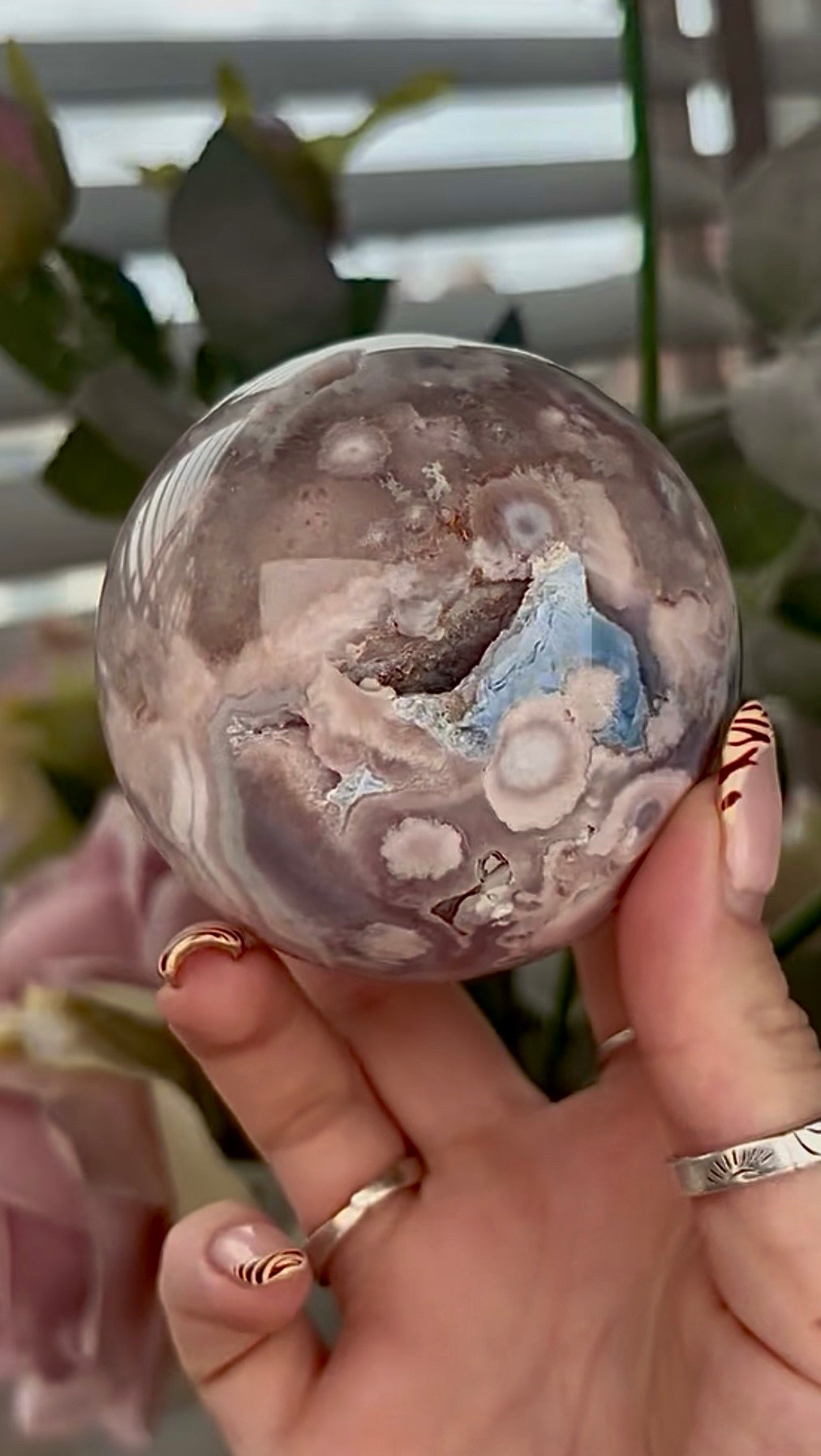 Stunning!! Super high quality, Druzy, green chlorite x blue flower agate sphere