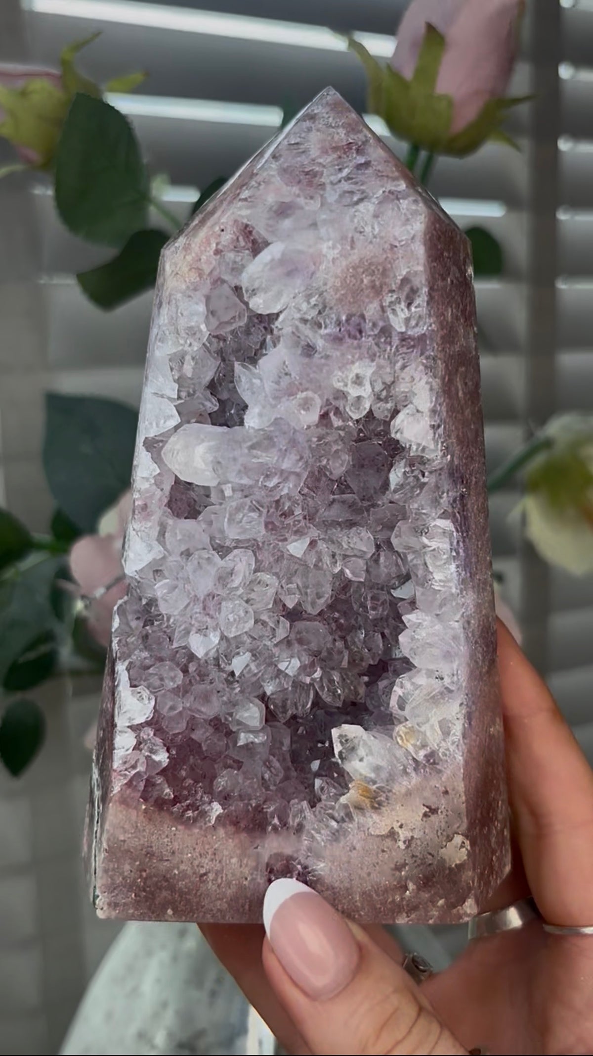 Beautiful, high quality, Pink amethyst tower with lilac quartz druzy teeth  14.7cm(h) by 8cm(w)