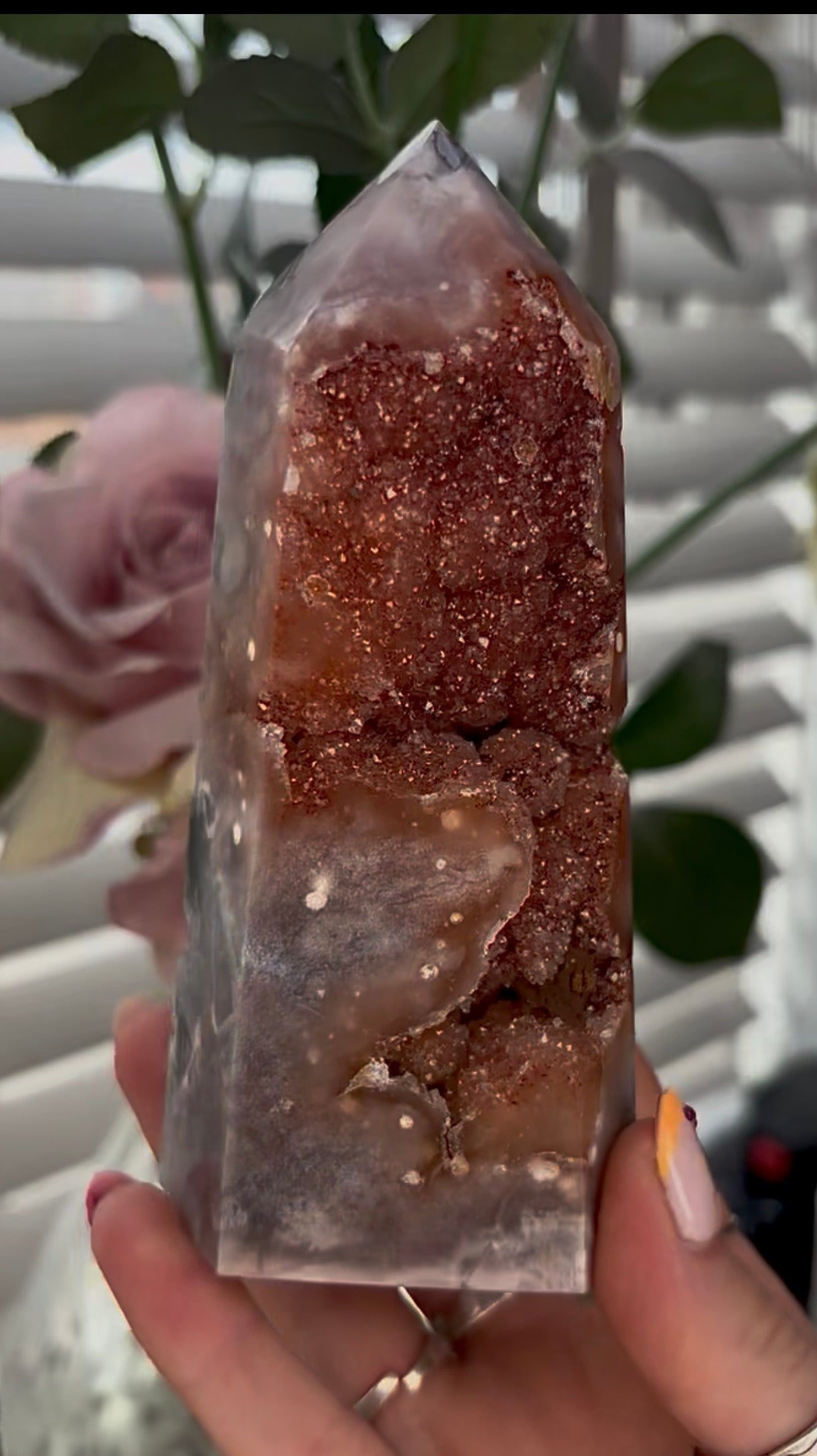 Beautiful, large, high quality, Pink amethyst tower with burnt orange/red druzy