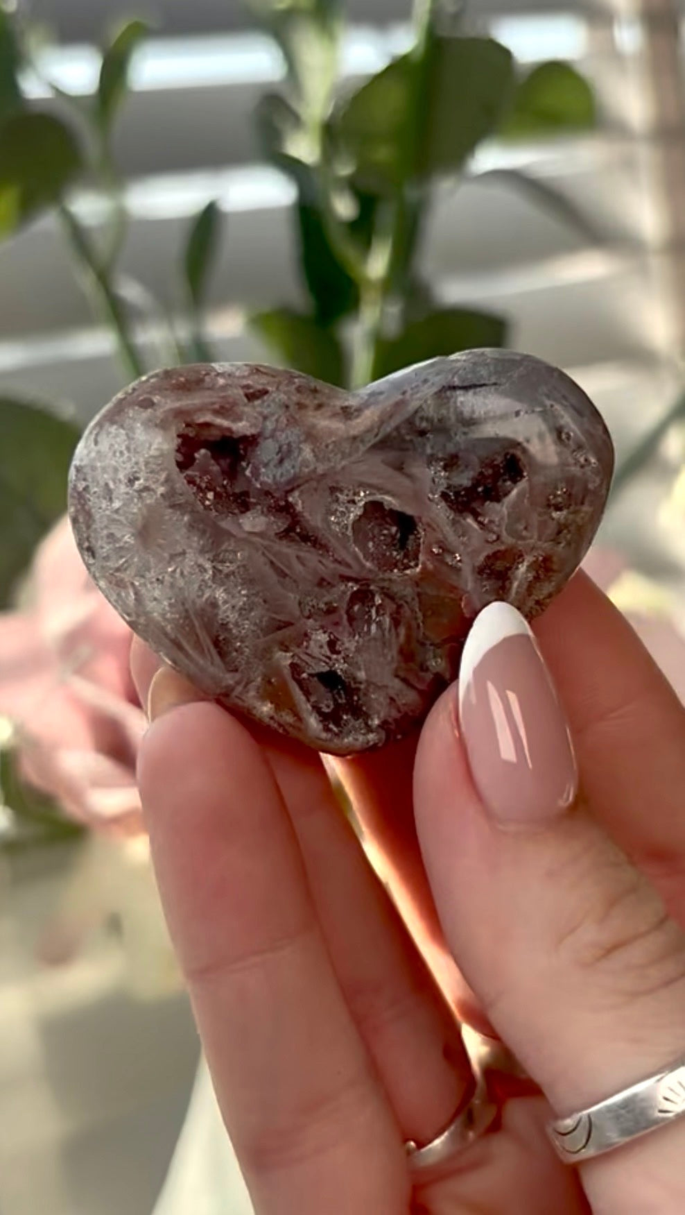 Gorgeous, mini rutile, pink amethyst  heart -comes with stand