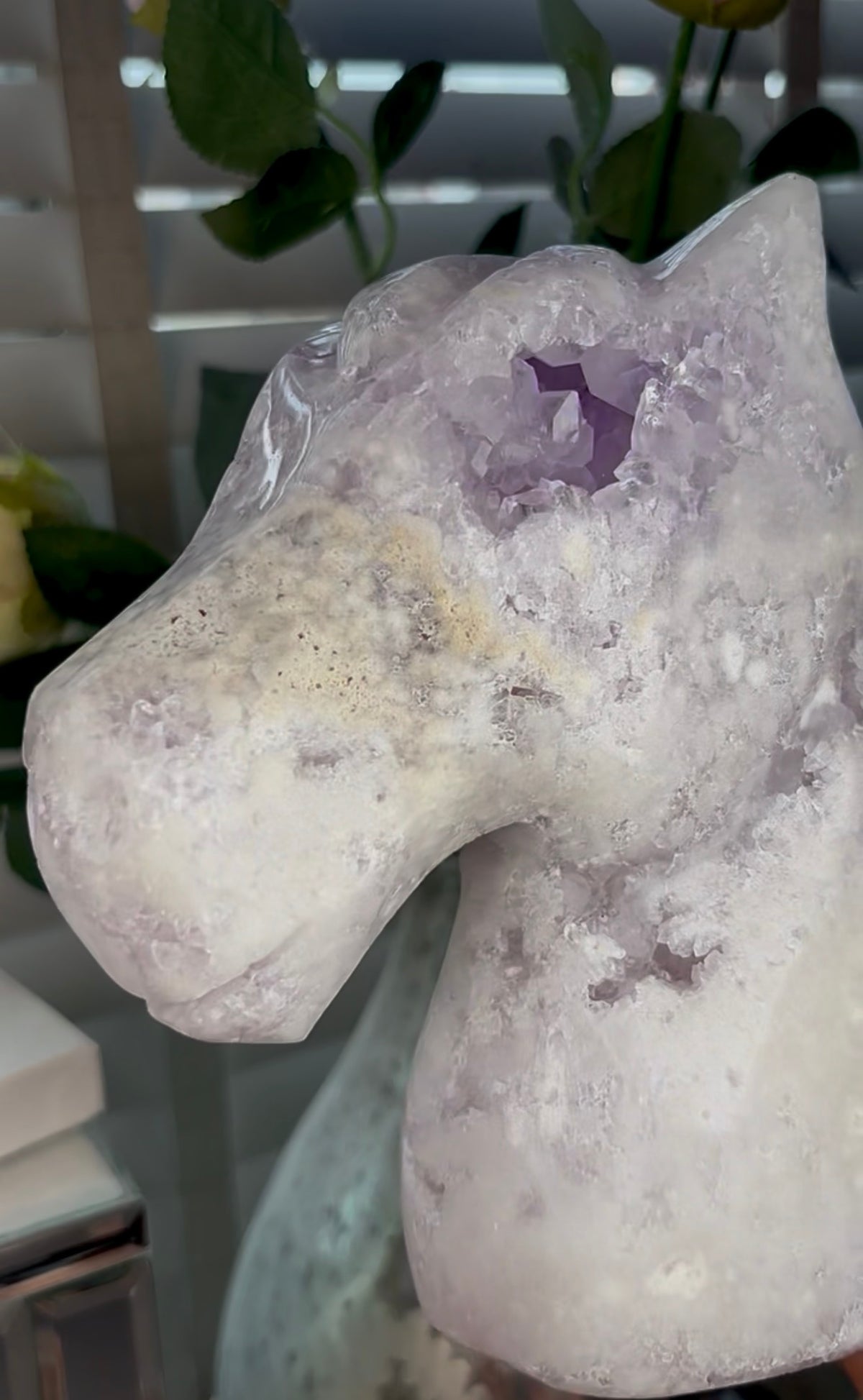 High grade, large, pink amethyst horse carving