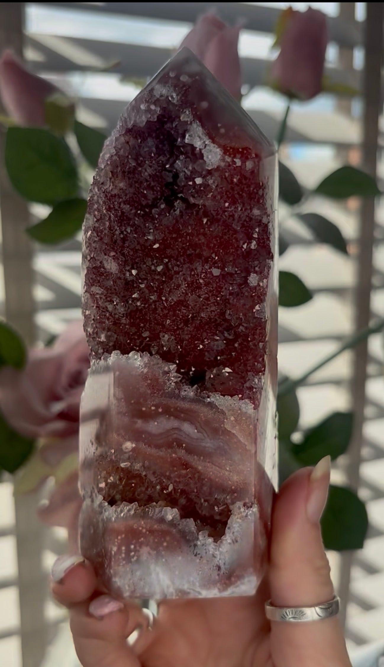 Incredible, high quality, Pink amethyst tower in red tones with sugar druzy