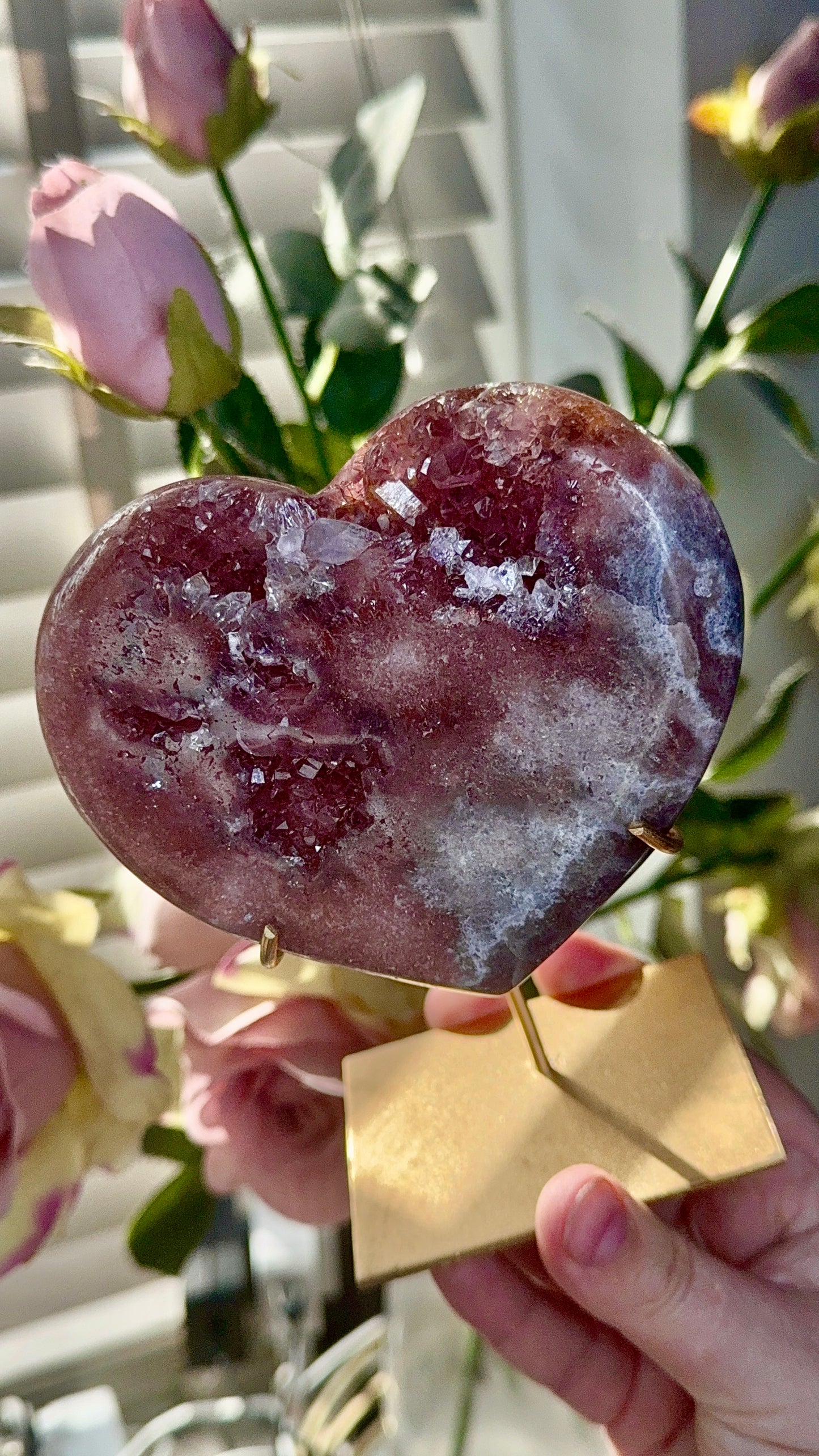 Hq pink amethyst heart in red tones - comes with stand