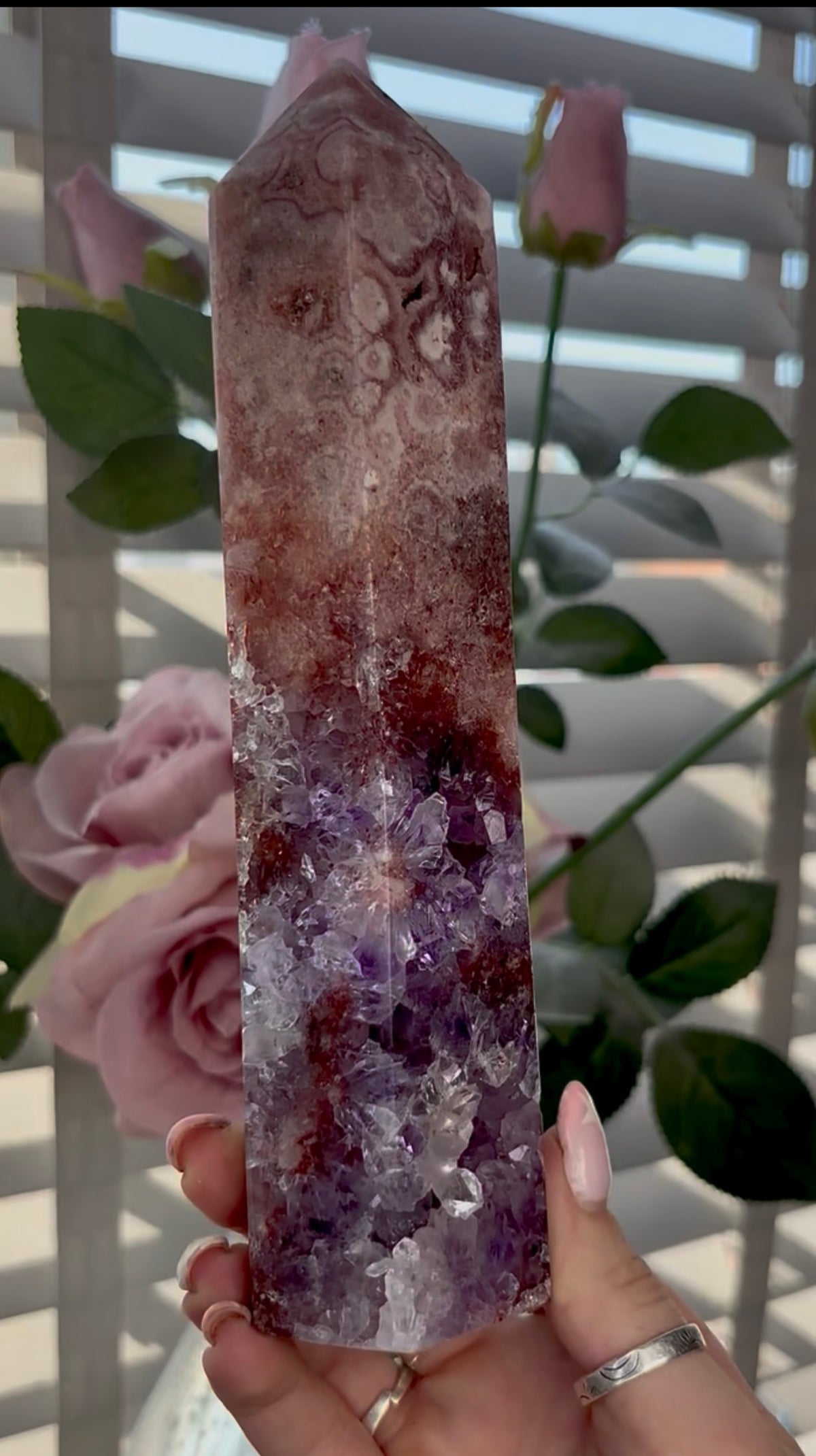 Beautiful, high quality, tall, Pink amethyst tower with purple quartz & red hematite - 20cm