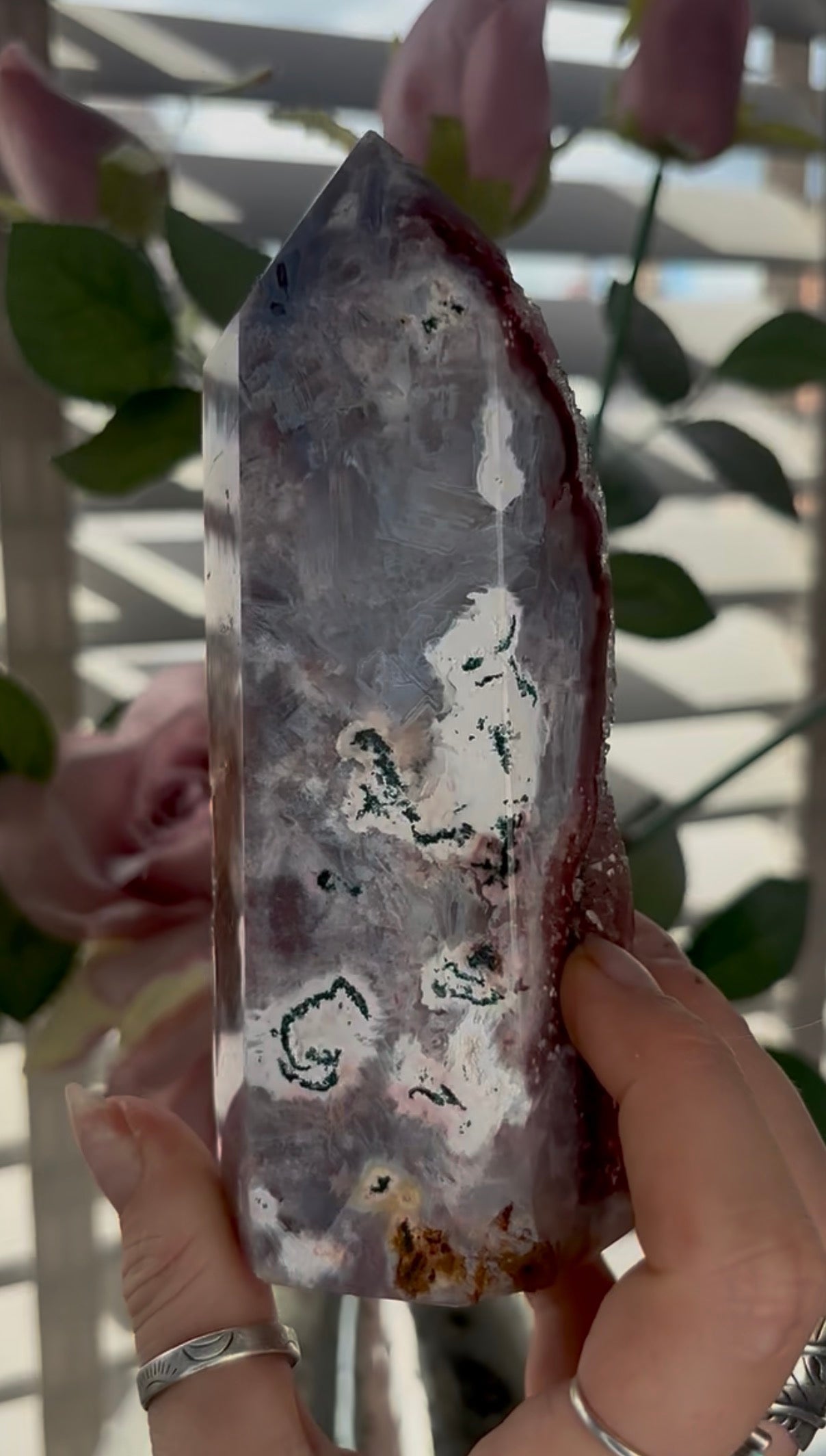 Incredible, high quality, Pink amethyst tower in red tones with sugar druzy