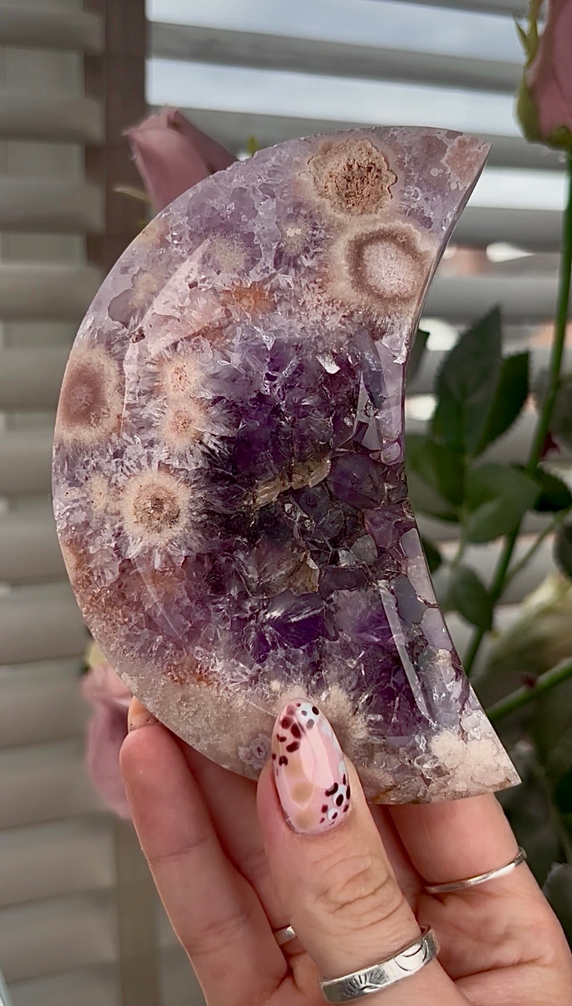 High grade, amethyst Flower agate moon with high clarity quartz
