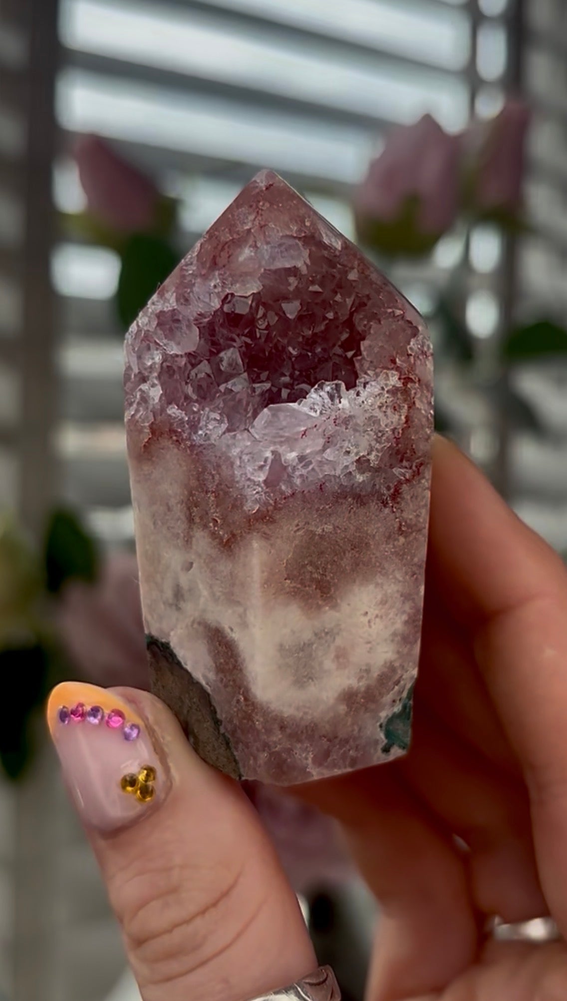 High quality, Pink amethyst tower, with quartz top & Green jasper
