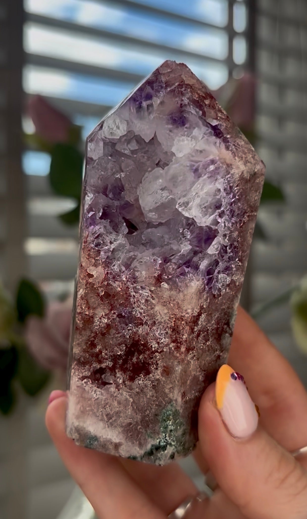 Beautiful, high quality, Pink amethyst tower with purple & quartz druzy with green jasper