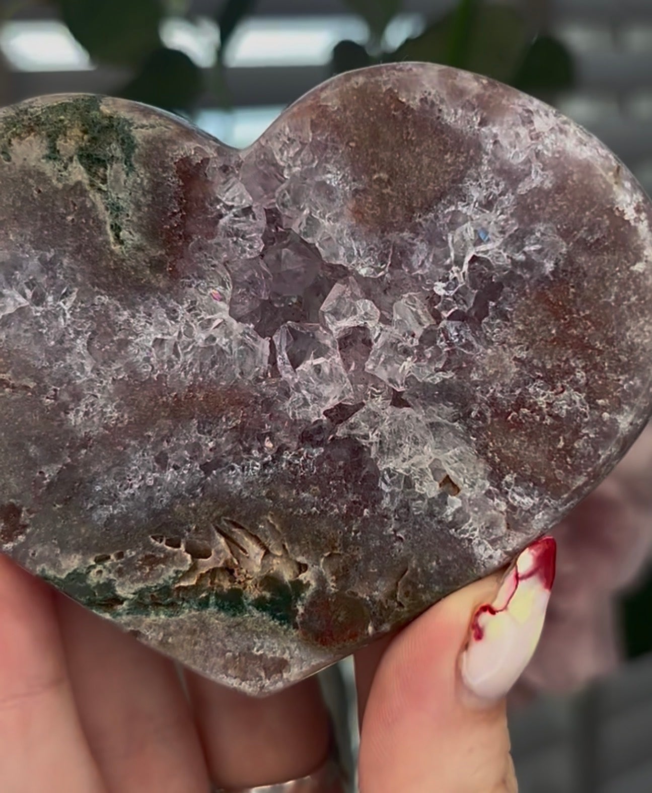 pink amethyst heart with Jasper and quartz - comes with stand (10cm)