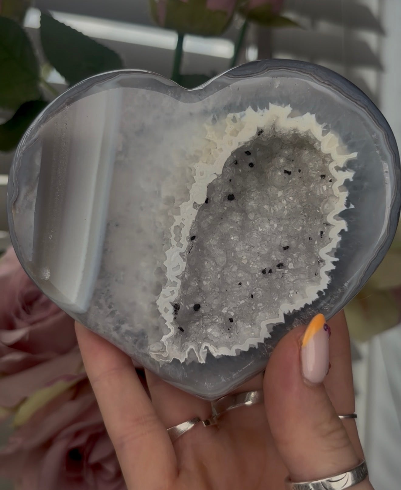 Beautiful, high quality, blue banded agate heart with druzy - stand included