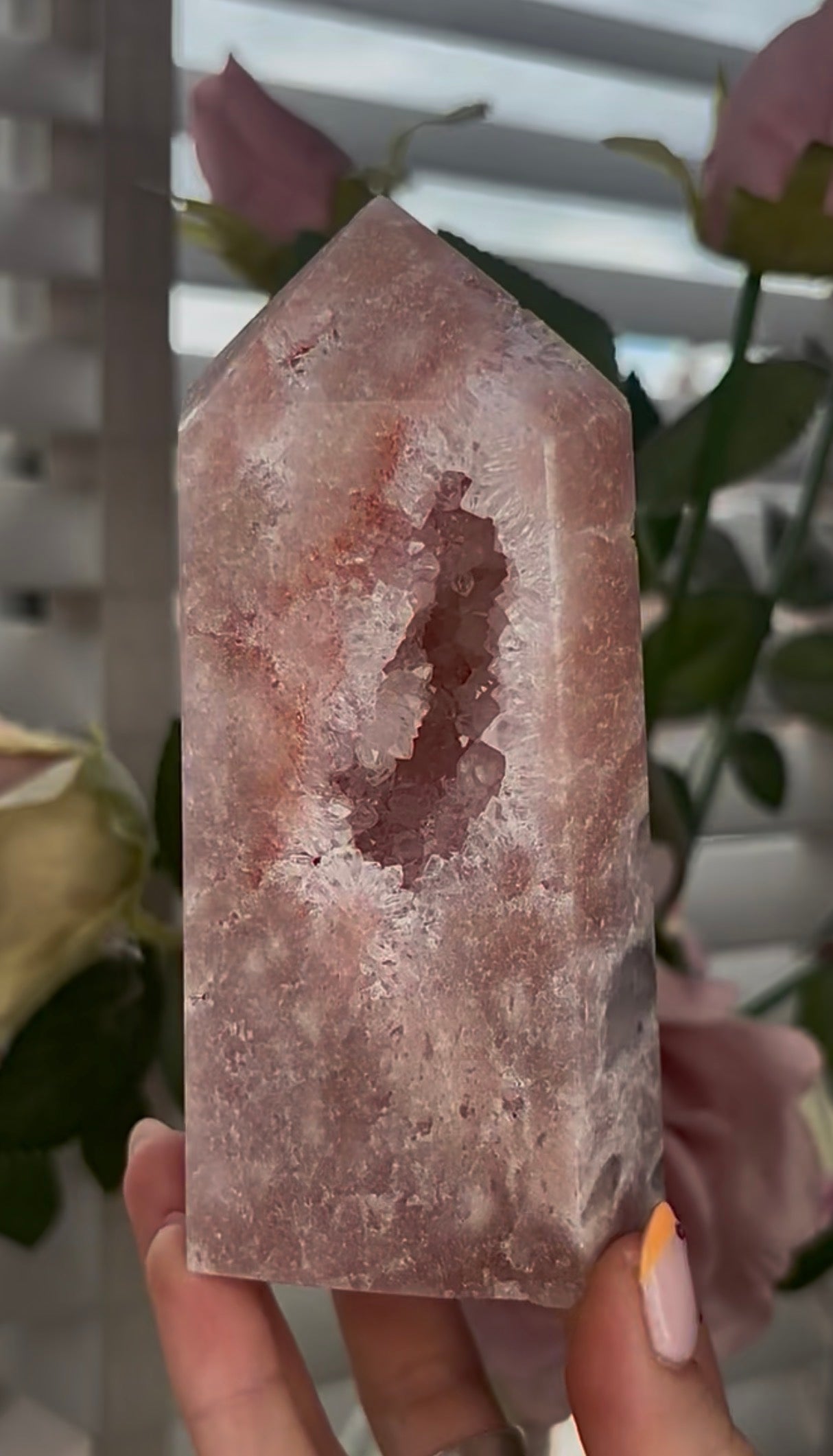 Pretty, Pink amethyst tower, with quartz druzy