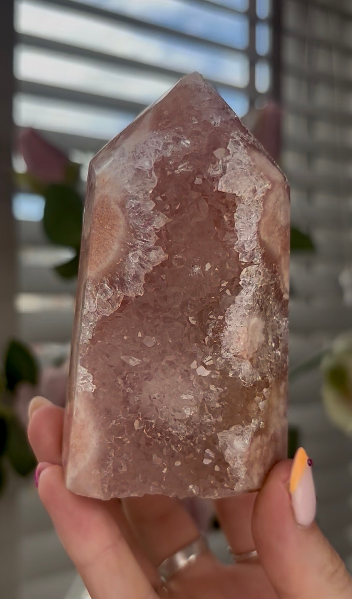 Beautiful, high quality, Pink amethyst tower in peach tone