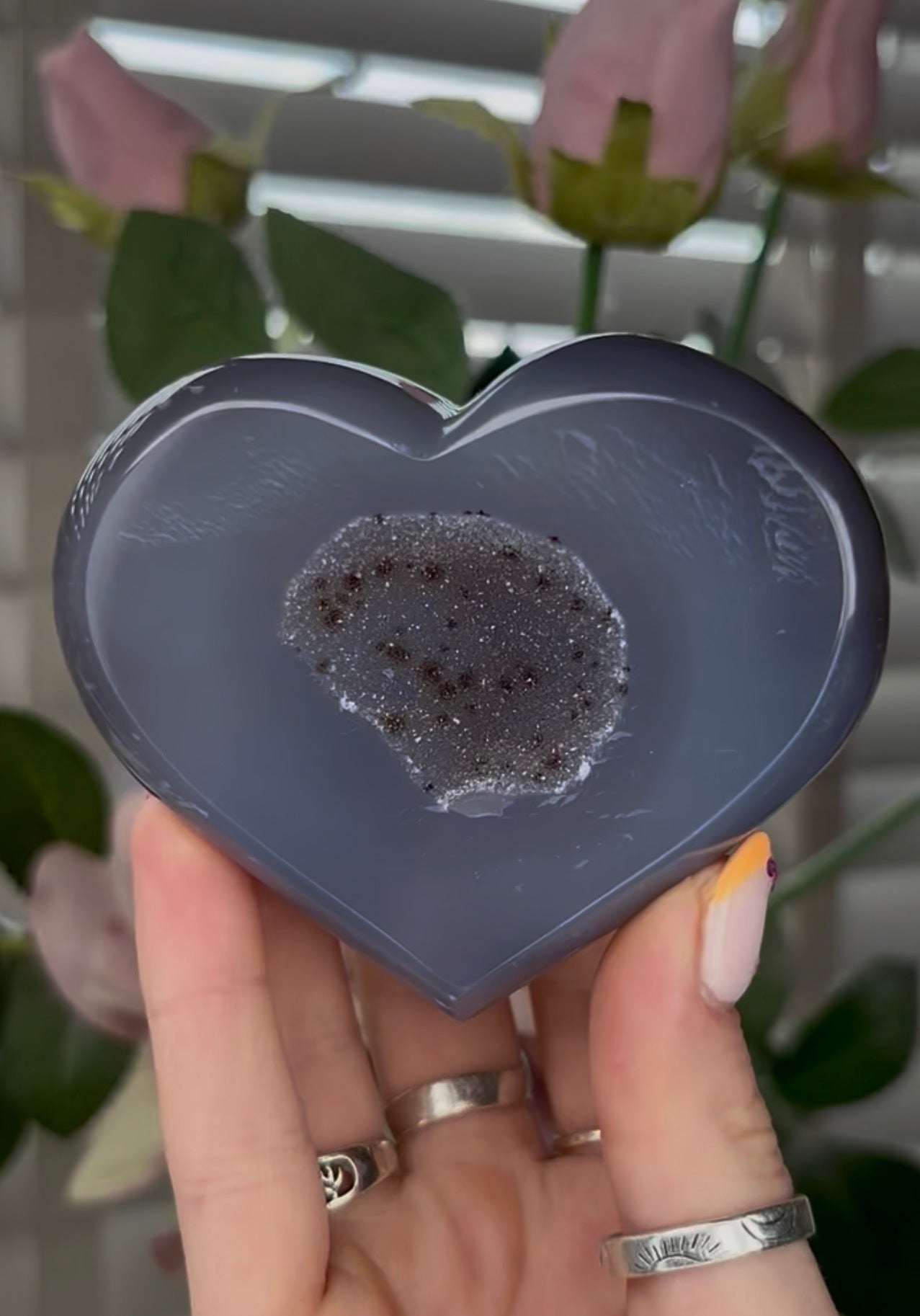 Beautiful, high grade, blue agate heart with druzy - comes with stand