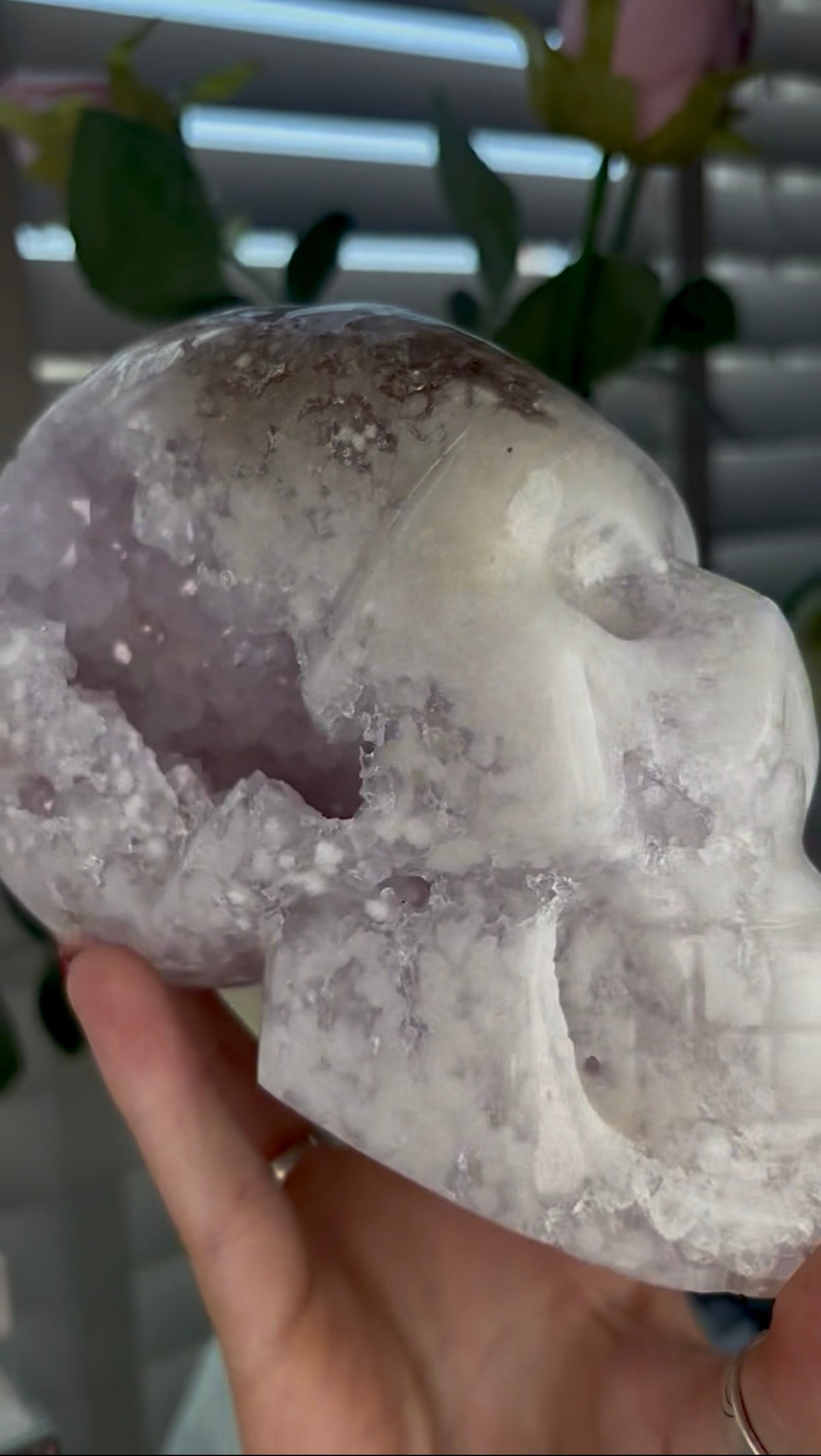 High grade, pink amethyst skull carving with chunky druzy