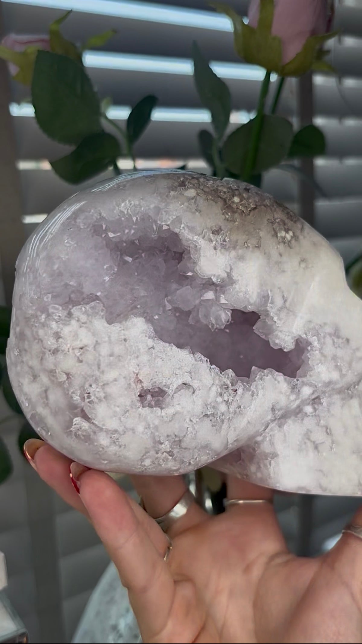 High grade, pink amethyst skull carving with chunky druzy