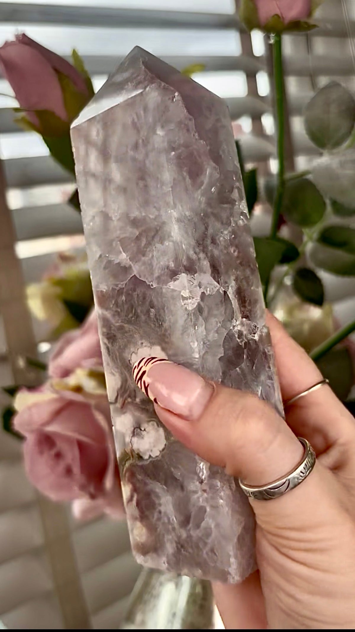 Stunning!! Super high quality, Druzy, green chlorite x blue flower agate tower