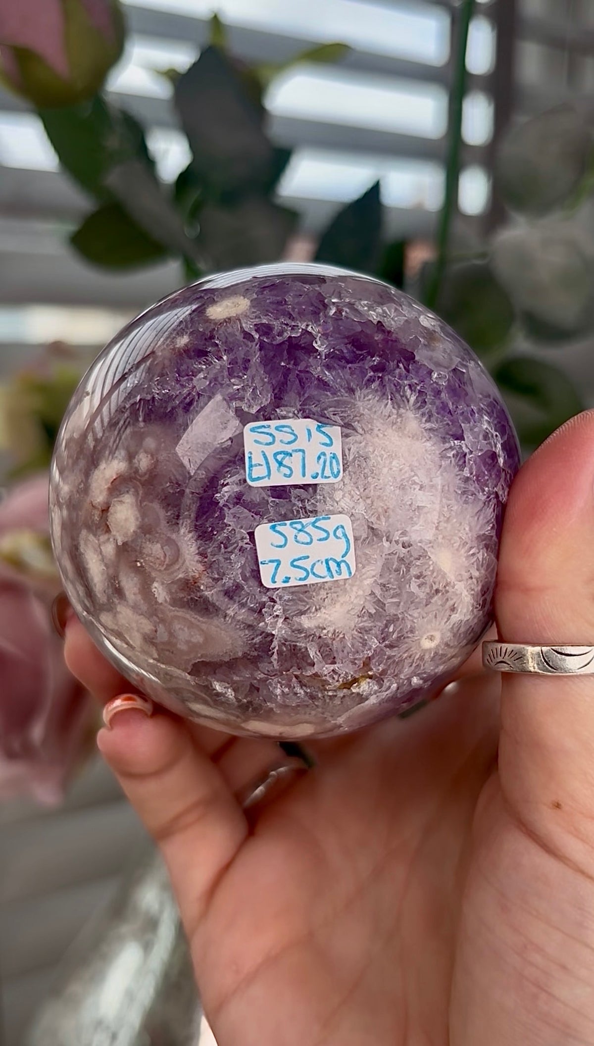 High grade, Amethyst Flower agate sphere 7.5cm 585g