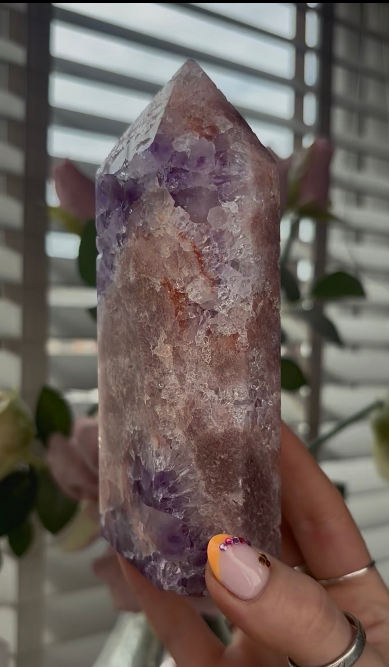 Beautiful, large, high quality, Pink amethyst tower with purple quartz