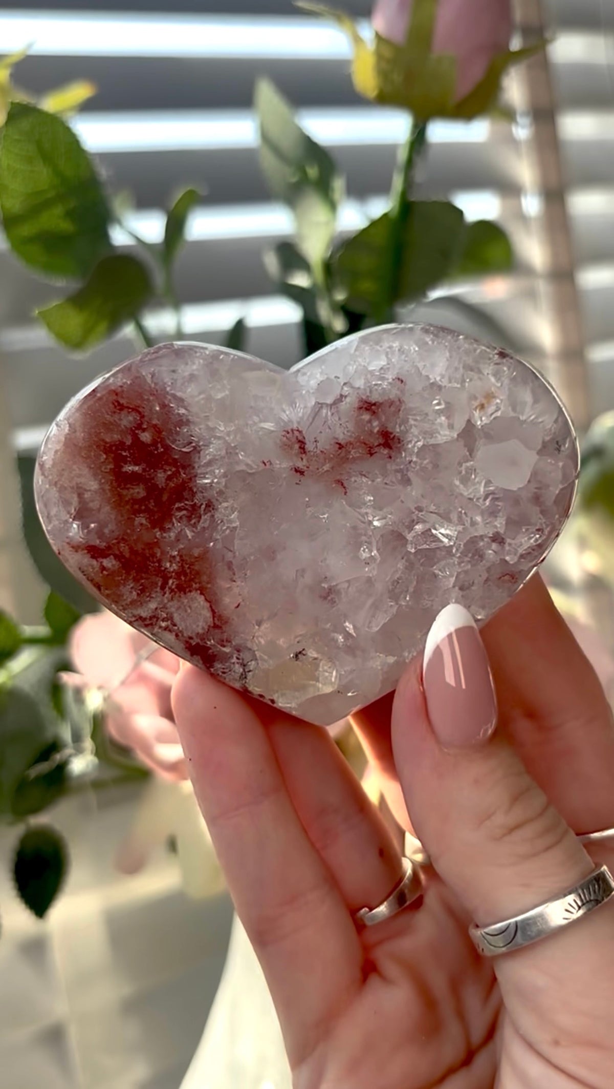 Gorgeous, high quality, berry red & quartz,  pink amethyst heart- comes with stand