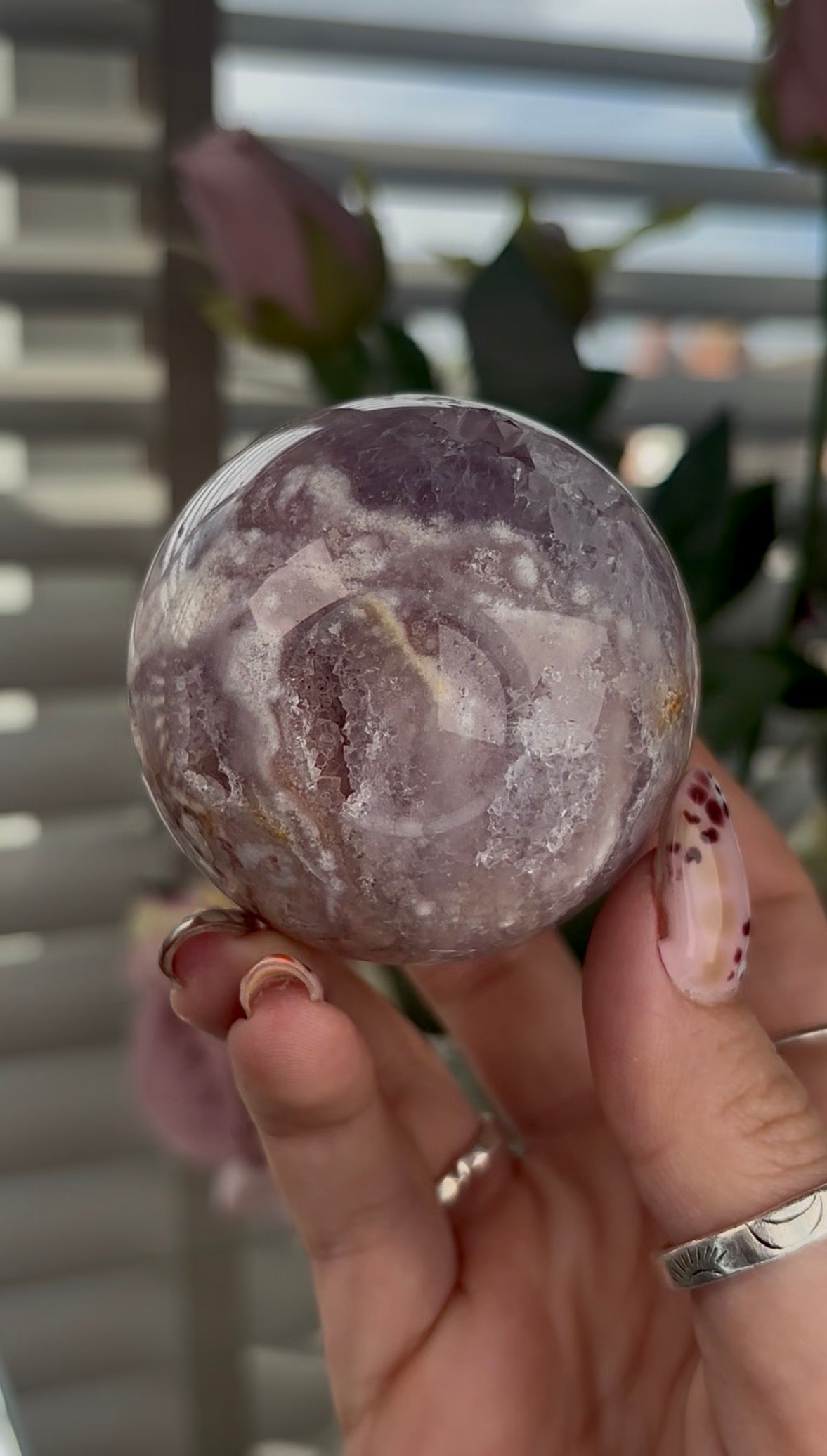 High grade, Pink amethyst Flower agate sphere with druzy quartz- 5.5cm